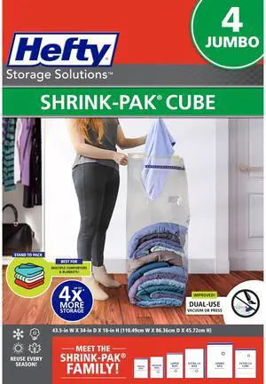 Shrink-Pak Vacuum Storage Bags For Clothes, Pillows, Towels, Blankets & More Space Saver Vacuum Suction Sealer Bags for Home or Travel 4 Jumbo Cubes, 43.5 x 34 x 18 Inches Shrink-Pak Vacuum Storage Bags For Clothes, Pillows, Towels, Blankets & More Space Saver Vacuum Suction Sealer Bags for Home or Travel 4 Jumbo Cubes, 43.5 x 34 x 18 Inches
