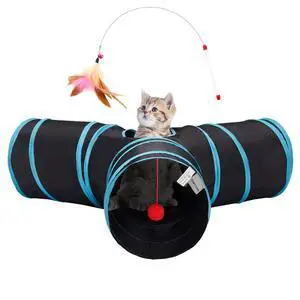 Pet Cat Tunnel Tube Toys 3 Way Collapsible, Tunnels for Indoor Cats, Interactive Tube with Teaser Wand, Peek Holes & Hanging Ball, Black & Blue Pet Cat Tunnel Tube Toys 3 Way Collapsible, Tunnels for Indoor Cats, Interactive Tube with Teaser Wand, Peek Holes & Hanging Ball, Black & Blue