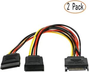 Power Y Splitter Cable 15 Pin SATA Power Splitter Cable Adapter SATA 15 Pin Male to Dual Female Power Y-Cable 7 Inch - 2-Pack Power Y Splitter Cable 15 Pin SATA Power Splitter Cable Adapter SATA 15 Pin Male to Dual Female Power Y-Cable 7 Inch - 2-Pack