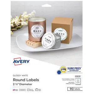 Printable Round Labels with Sure Feed, 2.5" Diameter, Glossy White, 450 Customizable Labels (22830) Printable Round Labels with Sure Feed, 2.5" Diameter, Glossy White, 450 Customizable Labels (22830)