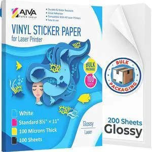 Printable Vinyl Sticker Paper for Laser Printer - Glossy White - 200 Self-Adhesive Sheets - Waterproof Decal Paper - Standard Letter Size 8.5"x11" Printable Vinyl Sticker Paper for Laser Printer - Glossy White - 200 Self-Adhesive Sheets - Waterproof Decal Paper - Standard Letter Size 8.5"x11"
