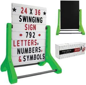 Swinging Changeable Message Sidewalk Sign: 24" x 36" with 792 Pre-Cut Double Sided Letters and Storage Box. Includes Black Board & Letter Board (Green Color Legs) Swinging Changeable Message Sidewalk Sign: 24" x 36" with 792 Pre-Cut Double Sided Letters and Storage Box. Includes Black Board & Letter Board (Green Color Legs)