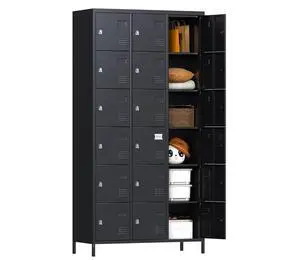 18-Door Metal Locker with Lockable Compartments, Black | 18 lockable compartments with vents and name slots for employee storage in offices, gyms, workshops and break rooms 18-Door Metal Locker with Lockable Compartments, Black | 18 lockable compartments with vents and name slots for employee storage in offices, gyms, workshops and break rooms