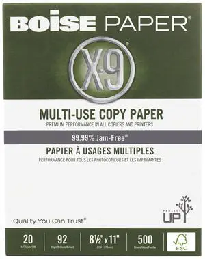 Boise® X-9® Multi-Use Print & Copy Paper, Letter Size (8 1/2" x 11"), FSC® Certified, 92 (U.S.) Brightness, 20 Lb, White Boise® X-9® Multi-Use Print & Copy Paper, Letter Size (8 1/2" x 11"), FSC® Certified, 92 (U.S.) Brightness, 20 Lb, White