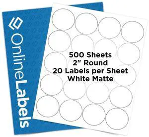 OnlineLabels 2" Circle Labels - White Matte - Inkjet/Laser - 500 Sheets | Permanent Adhesive, Blank Round Labels, Inkjet & Laser Compatible, Ideal for Jar Lids, Product Packaging, & Favors OnlineLabels 2" Circle Labels - White Matte - Inkjet/Laser - 500 Sheets | Permanent Adhesive, Blank Round Labels, Inkjet & Laser Compatible, Ideal for Jar Lids, Product Packaging, & Favors