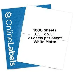 OnlineLabels 8.5" x 5.5" Half-Sheet Shipping Labels - Matte - 1,000 Sheets | Permanent Adhesive, Blank Rectangle Labels, Inkjet & Laser Compatible, Ideal for FBA, FedEx, USPS, & UPS Shipping OnlineLabels 8.5" x 5.5" Half-Sheet Shipping Labels - Matte - 1,000 Sheets | Permanent Adhesive, Blank Rectangle Labels, Inkjet & Laser Compatible, Ideal for FBA, FedEx, USPS, & UPS Shipping