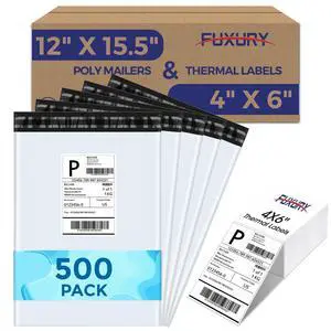 500 Pcs 12x15.5" Poly Mailers Sets with 4x6" Thermal Labels | Waterproof Mailing Envelopes & Stickers for Clothing, Strong Adhesive Poly Shipping Postage Bags for Business (White A Box) 500 Pcs 12x15.5" Poly Mailers Sets with 4x6" Thermal Labels | Waterproof Mailing Envelopes & Stickers for Clothing, Strong Adhesive Poly Shipping Postage Bags for Business (White A Box)