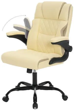 Ergonomic Office Chair, Executive Desk Chair with Flip-up Armrest, Swivel Computer Task Chair with Wheels for Home Office, Small Gaming Chair with Adjustable Rocking Function, Beige Ergonomic Office Chair, Executive Desk Chair with Flip-up Armrest, Swivel Computer Task Chair with Wheels for Home Office, Small Gaming Chair with Adjustable Rocking Function, Beige