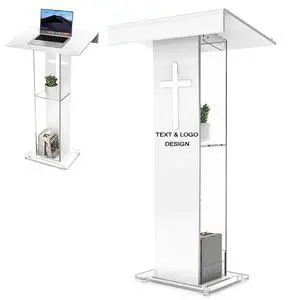 45.3 Customized Logo and Text Acrylic Podium Lectern, Pulpit for Churches with Double Shelves, Modern Plexiglass Pulpits Lectern with Cross Design for Classroom, Conference, Wedding and More 45.3 Customized Logo and Text Acrylic Podium Lectern, Pulpit for Churches with Double Shelves, Modern Plexiglass Pulpits Lectern with Cross Design for Classroom, Conference, Wedding and More