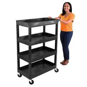 Tubstr 4 Shelf Utility Cart Supports Up to 300 lbs - Heavy-Duty Plastic Service Push Cart with Deep Shelves and 4" Casters, for Offices, Warehouse Storage, Garage (Black, 35 x 18 x 50) Tubstr 4 Shelf Utility Cart Supports Up to 300 lbs - Heavy-Duty Plastic Service Push Cart with Deep Shelves and 4" Casters, for Offices, Warehouse Storage, Garage (Black, 35 x 18 x 50)