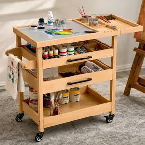 Solid Beech Wood Art Cart, Artist Taboret with Tempered Glass Palette | 2 drawers,2 rinse cups, brush rest, adjustable dividers, towel bar and locking casters keep studio supplies organized Solid Beech Wood Art Cart, Artist Taboret with Tempered Glass Palette | 2 drawers,2 rinse cups, brush rest, adjustable dividers, towel bar and locking casters keep studio supplies organized