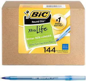 Round Stic Xtra Life Ballpoint Pen, Medium Point (1.0mm), Blue, Flexible Round Barrel For Writing Comfort, 144-Count Round Stic Xtra Life Ballpoint Pen, Medium Point (1.0mm), Blue, Flexible Round Barrel For Writing Comfort, 144-Count