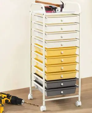 10-Drawer Storage Cart, Utility Cart with Removable Drawers & Metal Frame, Rolling Storage Cart with Lockable Wheels for Home, Office, Yellow 10-Drawer Storage Cart, Utility Cart with Removable Drawers & Metal Frame, Rolling Storage Cart with Lockable Wheels for Home, Office, Yellow