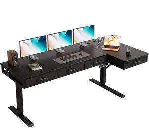 63 Inch L Shaped Electric Standing Desk with 4 Drawers, Black | Reversible Corner Table, Office Desk With 4 Drawers and Outlets For Home Office, Computer Workstation And Sit Stand Use 63 Inch L Shaped Electric Standing Desk with 4 Drawers, Black | Reversible Corner Table, Office Desk With 4 Drawers and Outlets For Home Office, Computer Workstation And Sit Stand Use