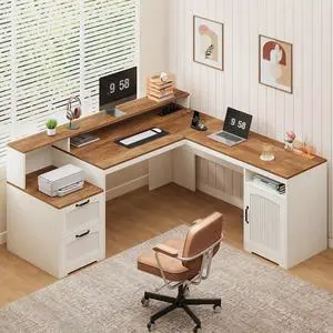 63" Farmhouse L Shaped Executive Desk with Drawers & Storage Shelf, Corner Fluted Computer Desk with Power Outlets, L Shaped Office Desk with Monitor Stand, Printer Shelf 63" Farmhouse L Shaped Executive Desk with Drawers & Storage Shelf, Corner Fluted Computer Desk with Power Outlets, L Shaped Office Desk with Monitor Stand, Printer Shelf