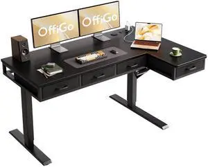 55 Inch L Shaped Electric Standing Desk with 4 Drawers, Black | Reversible Corner Table, Office Desk With 4 Drawers and Outlets For Home Office, Computer Workstation And Sit Stand Use 55 Inch L Shaped Electric Standing Desk with 4 Drawers, Black | Reversible Corner Table, Office Desk With 4 Drawers and Outlets For Home Office, Computer Workstation And Sit Stand Use