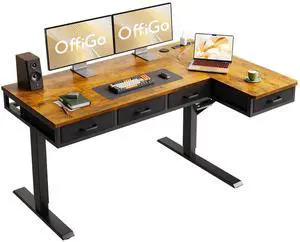 55 Inch L Shaped Electric Standing Desk with 4 Drawers, Rustic Brown | Reversible Corner Table, Office Desk With 4 Drawers and Outlets For Home Office, Computer Workstation And Sit Stand Use 55 Inch L Shaped Electric Standing Desk with 4 Drawers, Rustic Brown | Reversible Corner Table, Office Desk With 4 Drawers and Outlets For Home Office, Computer Workstation And Sit Stand Use