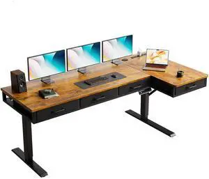 63 Inch L Shaped Electric Standing Desk with 4 Drawers, Rustic Brown | Reversible Corner Table, Office Desk With 4 Drawers and Outlets For Home Office, Computer Workstation And Sit Stand Use 63 Inch L Shaped Electric Standing Desk with 4 Drawers, Rustic Brown | Reversible Corner Table, Office Desk With 4 Drawers and Outlets For Home Office, Computer Workstation And Sit Stand Use