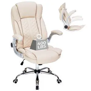 400lbs Executive Office Chair with Flip-Up Armrests, Big and Tall Computer Chair for Heavy People, Heavy Duty Ergonomic Comfy Chair, Breathable PU Leather (Cream) 400lbs Executive Office Chair with Flip-Up Armrests, Big and Tall Computer Chair for Heavy People, Heavy Duty Ergonomic Comfy Chair, Breathable PU Leather (Cream)