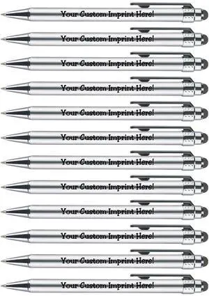 Personalized Pens with Stylus Tip -Bright Vibes- Click action - Custom - Black writing - Printed Name pens - Imprinted with Your Logo or Message - FREE PERSONALIZATION - 12 Pens/Box (Silver) Personalized Pens with Stylus Tip -Bright Vibes- Click action - Custom - Black writing - Printed Name pens - Imprinted with Your Logo or Message - FREE PERSONALIZATION - 12 Pens/Box (Silver)