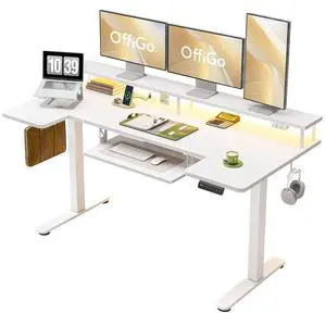 63 Inch U Shaped Electric Standing Desk with Keyboard Tray, White | Power Outlet, Monitor Stand, LED Light, 3 Presets, 28.3"-46.5"in Range, 154 lb Capacity 63 Inch U Shaped Electric Standing Desk with Keyboard Tray, White | Power Outlet, Monitor Stand, LED Light, 3 Presets, 28.3"-46.5"in Range, 154 lb Capacity