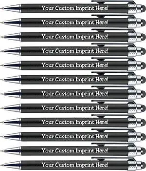 Personalized Pens with Stylus Tip -Bright Vibes- Click action - Custom - Black writing - Printed Name pens - Imprinted with Your Logo or Message - FREE PERSONALIZATION - 12 Pens/Box (Black) Personalized Pens with Stylus Tip -Bright Vibes- Click action - Custom - Black writing - Printed Name pens - Imprinted with Your Logo or Message - FREE PERSONALIZATION - 12 Pens/Box (Black)
