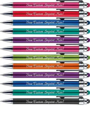Personalized Pens with Stylus Tip -Bright Vibes- Click action - Custom - Black writing - Printed Name pens - Imprinted with Your Logo or Message - FREE PERSONALIZATION - 12 Pens/Box (Assorted) Personalized Pens with Stylus Tip -Bright Vibes- Click action - Custom - Black writing - Printed Name pens - Imprinted with Your Logo or Message - FREE PERSONALIZATION - 12 Pens/Box (Assorted)