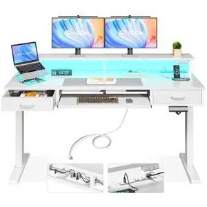 55 Inch Electric Standing Desk with Drawers & Keyboard Tray, White | Power Outlet, LED Lights, Monitor Stand, Cable Management Tray, 3 Memory Heights, 29.9"-46.1" in Range 55 Inch Electric Standing Desk with Drawers & Keyboard Tray, White | Power Outlet, LED Lights, Monitor Stand, Cable Management Tray, 3 Memory Heights, 29.9"-46.1" in Range