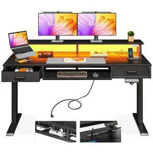 55 Inch Electric Standing Desk with Drawers & Keyboard Tray, Black | Power Outlet, LED Lights, Monitor Stand, Cable Management Tray, 3 Memory Heights, 29.9"-46.1" in Range 55 Inch Electric Standing Desk with Drawers & Keyboard Tray, Black | Power Outlet, LED Lights, Monitor Stand, Cable Management Tray, 3 Memory Heights, 29.9"-46.1" in Range