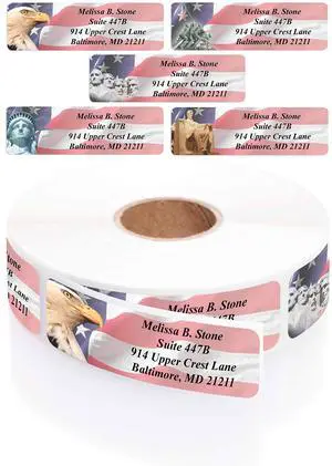 American Liberty Assorted Designer Rolled Address Labels - 500 Labels per Roll - 2 1/2 Inches Long x 3/4 Inch High - Elegant Plastic Dispenser Included American Liberty Assorted Designer Rolled Address Labels - 500 Labels per Roll - 2 1/2 Inches Long x 3/4 Inch High - Elegant Plastic Dispenser Included