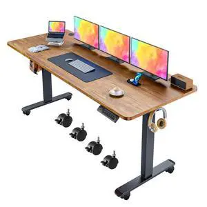 Electric Adjustable Standing Desk with Wheels, 63'' x 24''Sit Stand Desk with Dual Crossbeam Structure and Mouse Pad, 27''-46'' Lifting Range Stand up Desk(Brown) Electric Adjustable Standing Desk with Wheels, 63'' x 24''Sit Stand Desk with Dual Crossbeam Structure and Mouse Pad, 27''-46'' Lifting Range Stand up Desk(Brown)