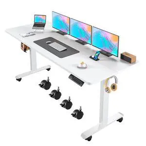 Electric Adjustable Standing Desk with Wheels, 63'' x 24''Sit Stand Table with Dual Crossbeam Structure and Mouse Pad, 27''-46'' Lifting Range Stand up Desk(White) Electric Adjustable Standing Desk with Wheels, 63'' x 24''Sit Stand Table with Dual Crossbeam Structure and Mouse Pad, 27''-46'' Lifting Range Stand up Desk(White)