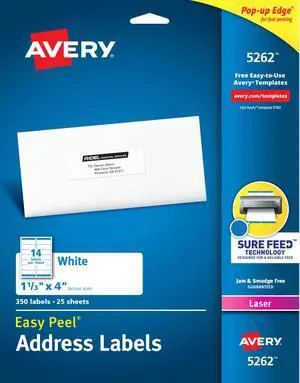 Easy Peel Printable Address Labels with Sure Feed, 1-1/3" x 4", White, 350 Blank Mailing Labels (05262) Easy Peel Printable Address Labels with Sure Feed, 1-1/3" x 4", White, 350 Blank Mailing Labels (05262)