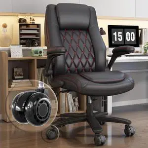 High Back Executive Office Desk Chair, Leather Computer Chair, Black | 2.6"Rubber Wheels, Flip-up Arms, Heavy Duty Base, Thick Padded Seat, Lumbar Support, Home, Conference Rooms, Reception Areas High Back Executive Office Desk Chair, Leather Computer Chair, Black | 2.6"Rubber Wheels, Flip-up Arms, Heavy Duty Base, Thick Padded Seat, Lumbar Support, Home, Conference Rooms, Reception Areas