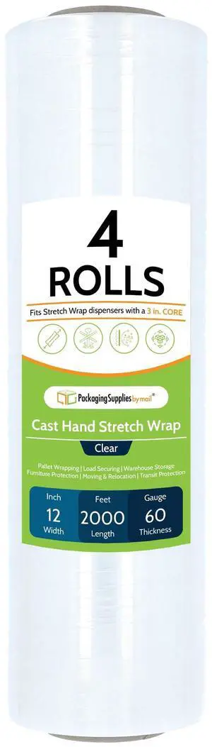 PSBM Cast Hand Stretch Wrap Plastic Shrink Film 12" x 2000' 60 GA 4 Rolls | Heavy Duty up to 800% Ultimate Stretch Clear Plastic Wrap Industrial Strength Shrink Film for Moving, Packing & Shipping PSBM Cast Hand Stretch Wrap Plastic Shrink Film 12" x 2000' 60 GA 4 Rolls | Heavy Duty up to 800% Ultimate Stretch Clear Plastic Wrap Industrial Strength Shrink Film for Moving, Packing & Shipping