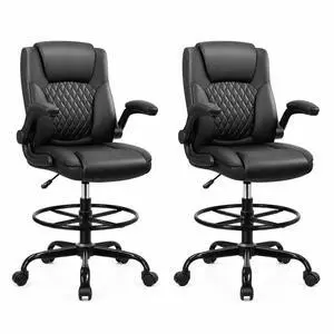 Drafting Chair, Tall Office Chair for Standing Desk, High Executive Leather Ergonomic Computer Chair with Adjustable Height and Flip-Up Armrest for Counter Height Desk, Black, Pack of 2 Drafting Chair, Tall Office Chair for Standing Desk, High Executive Leather Ergonomic Computer Chair with Adjustable Height and Flip-Up Armrest for Counter Height Desk, Black, Pack of 2