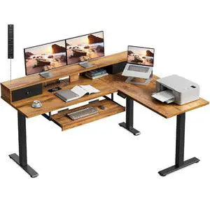 59" L Shaped Electric Standing Desk with Drawers, Rustic Brown | Monitor Stand, Keyboard Tray, Fabric Drawer, Power Outlets, Height Adjustable Corner Stand Up Desk for Organized Home Office 59" L Shaped Electric Standing Desk with Drawers, Rustic Brown | Monitor Stand, Keyboard Tray, Fabric Drawer, Power Outlets, Height Adjustable Corner Stand Up Desk for Organized Home Office