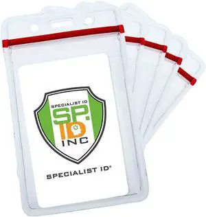 Bulk 100 Pack - Heavy Duty Clear Vinyl Badge Holders for Vertical Name Badges - Great for Employee or Student ID Card - Water Resistant Sleeves w Red Resealable Top for Multiple Cards by Bulk 100 Pack - Heavy Duty Clear Vinyl Badge Holders for Vertical Name Badges - Great for Employee or Student ID Card - Water Resistant Sleeves w Red Resealable Top for Multiple Cards by