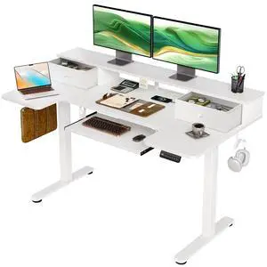 55 Inch U Shape Standing Desk with Keyboard Tray & Drawers, White | Power Outlet, Dual-Monitor Stand, LED Light, 3 Presets, 28.3"-46.5"in Range, 154 lb Capacity 55 Inch U Shape Standing Desk with Keyboard Tray & Drawers, White | Power Outlet, Dual-Monitor Stand, LED Light, 3 Presets, 28.3"-46.5"in Range, 154 lb Capacity