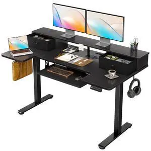 55 Inch U Shape Standing Desk with Keyboard Tray & Drawers, Black | Power Outlet, Dual-Monitor Stand, LED Light, 3 Presets, 28.3"-46.5"in Range, 154 lb Capacity 55 Inch U Shape Standing Desk with Keyboard Tray & Drawers, Black | Power Outlet, Dual-Monitor Stand, LED Light, 3 Presets, 28.3"-46.5"in Range, 154 lb Capacity