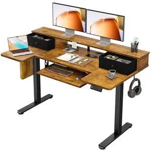55 Inch U Shape Standing Desk, Keyboard Tray & Drawers, Rustic Brown | Power Outlet, Dual-Monitor Stand, LED Light, 3 Presets, 28.3"-46.5"in Range, 154 lb Capacity 55 Inch U Shape Standing Desk, Keyboard Tray & Drawers, Rustic Brown | Power Outlet, Dual-Monitor Stand, LED Light, 3 Presets, 28.3"-46.5"in Range, 154 lb Capacity