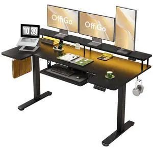 63 Inch U Shaped Electric Standing Desk with Keyboard Tray, Black | Power Outlet, Monitor Stand, LED Light, 3 Presets, 28.3"-46.5"in Range, 154 lb Capacity 63 Inch U Shaped Electric Standing Desk with Keyboard Tray, Black | Power Outlet, Monitor Stand, LED Light, 3 Presets, 28.3"-46.5"in Range, 154 lb Capacity