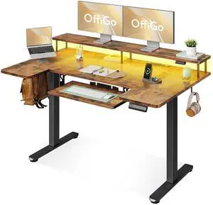 55 Inch U Shaped Standing Desk with Keyboard Tray, Rustic Brown | Power Outlet, Dual-Monitor Stand, LED Light, 3 Presets, 28.3"-46.5"in Range, 154 lb Capacity 55 Inch U Shaped Standing Desk with Keyboard Tray, Rustic Brown | Power Outlet, Dual-Monitor Stand, LED Light, 3 Presets, 28.3"-46.5"in Range, 154 lb Capacity