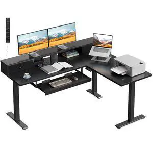 59" L Shaped Electric Standing Desk with Drawers, Black | Monitor Stand, Keyboard Tray, Fabric Drawer, Power Outlets, Height Adjustable Corner Stand Up Desk for Organized Home Office 59" L Shaped Electric Standing Desk with Drawers, Black | Monitor Stand, Keyboard Tray, Fabric Drawer, Power Outlets, Height Adjustable Corner Stand Up Desk for Organized Home Office