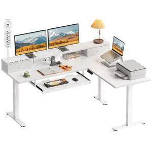 59 Inch L Shaped Electric Standing Desk with Drawers, White | Monitor Stand, Keyboard Tray, Fabric Drawer, Power Outlets, Height Adjustable Corner Stand Up Desk for Organized Home Office 59 Inch L Shaped Electric Standing Desk with Drawers, White | Monitor Stand, Keyboard Tray, Fabric Drawer, Power Outlets, Height Adjustable Corner Stand Up Desk for Organized Home Office