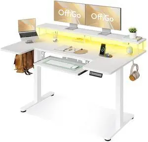 55 Inch U Shaped Electric Standing Desk with Keyboard Tray, White | Power Outlet, Dual-Monitor Stand, LED Light, 3 Presets, 28.3"-46.5"in Range, 154 lb Capacity 55 Inch U Shaped Electric Standing Desk with Keyboard Tray, White | Power Outlet, Dual-Monitor Stand, LED Light, 3 Presets, 28.3"-46.5"in Range, 154 lb Capacity