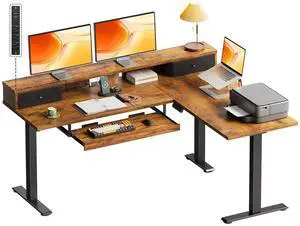 59 Inch L Shaped Electric Standing Desk with Drawers, Rustic Brown | Monitor Stand, Keyboard Tray, Fabric Drawer, Power Outlets, Height Adjustable Corner Stand Up Desk for Organized Home Office 59 Inch L Shaped Electric Standing Desk with Drawers, Rustic Brown | Monitor Stand, Keyboard Tray, Fabric Drawer, Power Outlets, Height Adjustable Corner Stand Up Desk for Organized Home Office