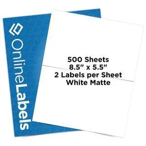 OnlineLabels 8.5" x 5.5" Half-Sheet Shipping Labels - Matte - 500 Sheets | Permanent Adhesive, Blank Rectangle Labels, Inkjet & Laser Compatible, Ideal for FBA, FedEx, USPS, & UPS Shipping OnlineLabels 8.5" x 5.5" Half-Sheet Shipping Labels - Matte - 500 Sheets | Permanent Adhesive, Blank Rectangle Labels, Inkjet & Laser Compatible, Ideal for FBA, FedEx, USPS, & UPS Shipping