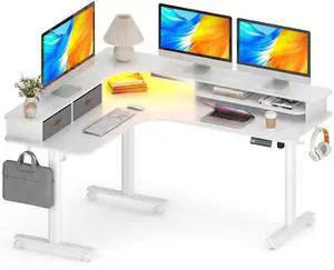 2-Tier L Shaped Electric Standing Desk with Drawers, 63 x 55 Height Adjustable Desk with Memory Controller, Storage, Ergonomic Corner Desk Sit Stand up Computer Table for Home Office, White 2-Tier L Shaped Electric Standing Desk with Drawers, 63 x 55 Height Adjustable Desk with Memory Controller, Storage, Ergonomic Corner Desk Sit Stand up Computer Table for Home Office, White