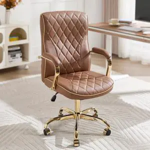 Brown and Gold Office Desk Chair,Conference Room Chairs,Mid Back Vintage Executive Leather Chair,Ergonomic Computer Swivel Chair with Rocking Function and Padded Arms,Adjustable Height Brown and Gold Office Desk Chair,Conference Room Chairs,Mid Back Vintage Executive Leather Chair,Ergonomic Computer Swivel Chair with Rocking Function and Padded Arms,Adjustable Height